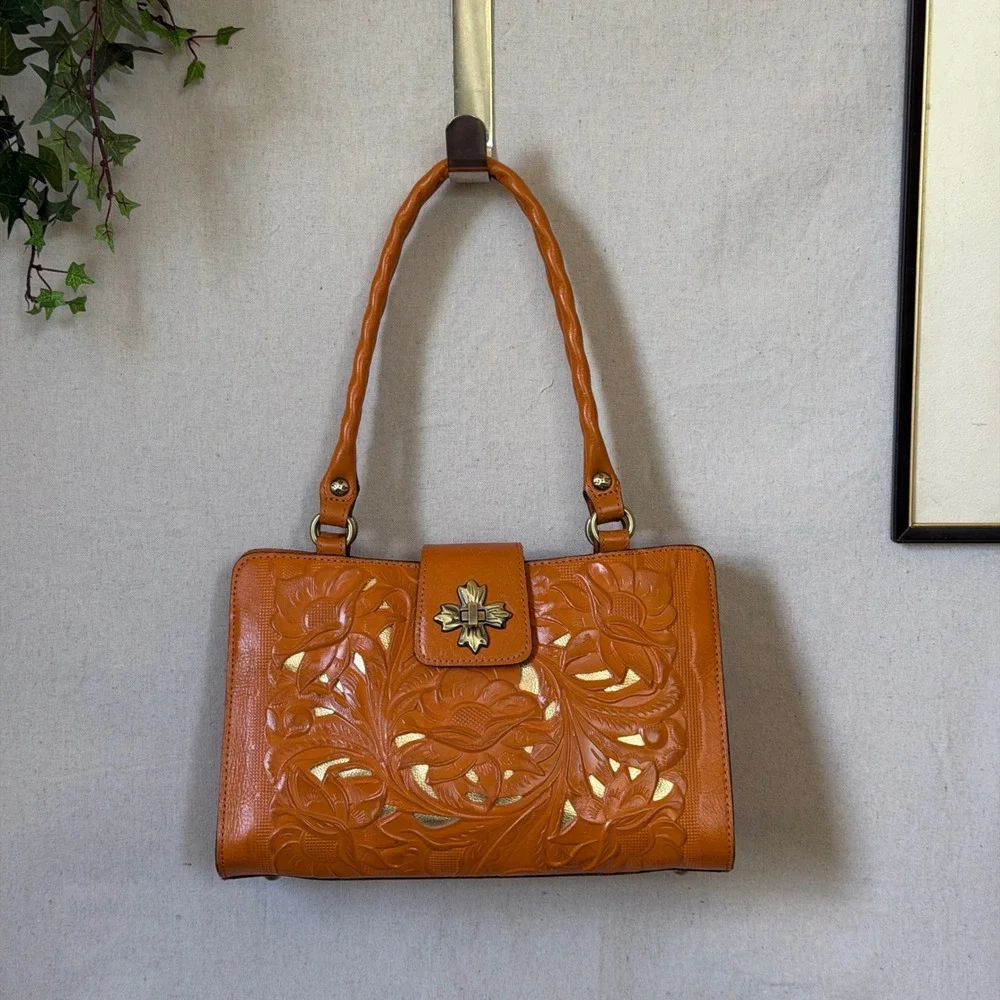 Orange Tooled Leather Patricia Nash Satchel Bag Boho Vintage Y2K Medium